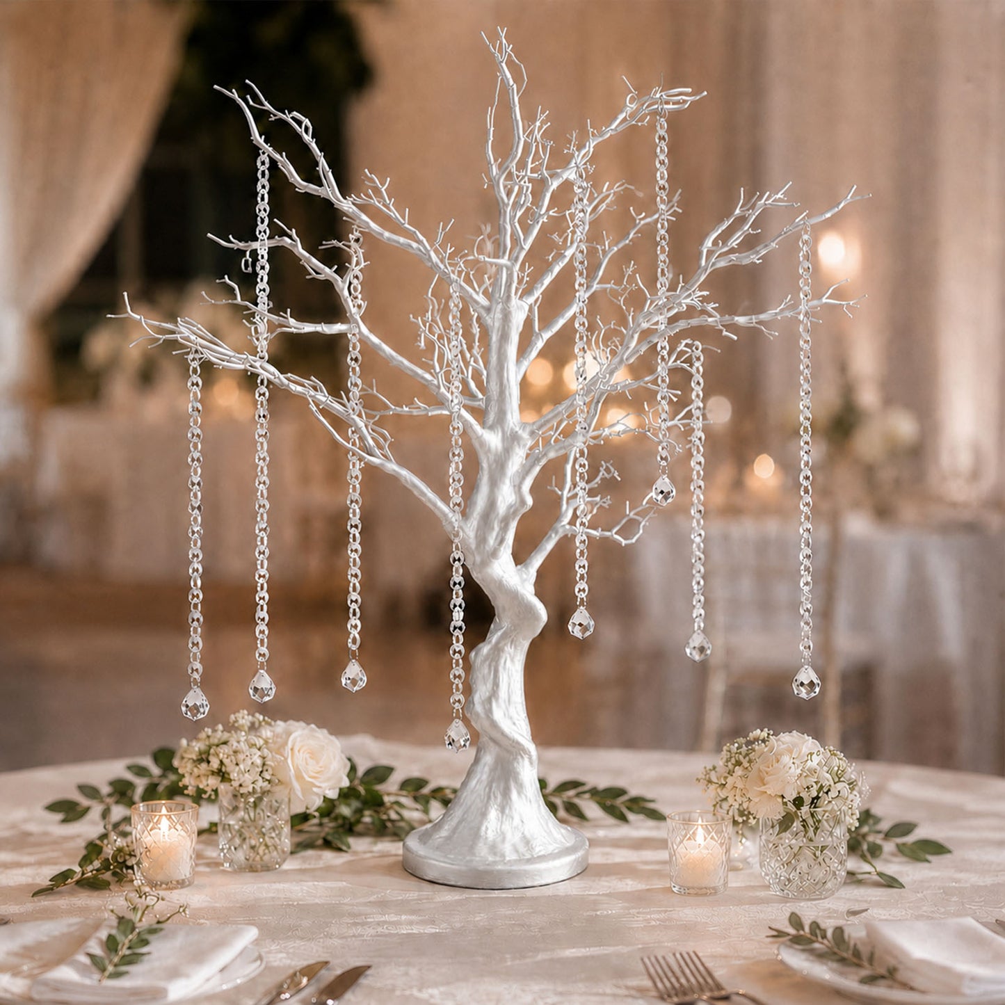 34" Metallic Silver Manzanita Centerpiece Tree + 8 Acrylic Bead Chains