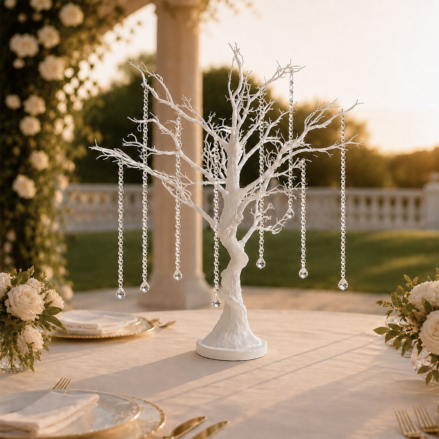 34" White Manzanita Centerpiece Tree + 8 Acrylic Bead Chains