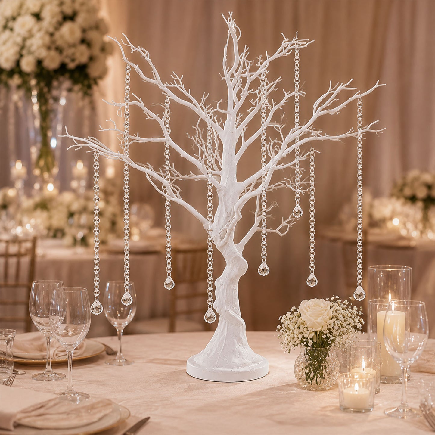 34" White Manzanita Centerpiece Tree + 8 Acrylic Bead Chains