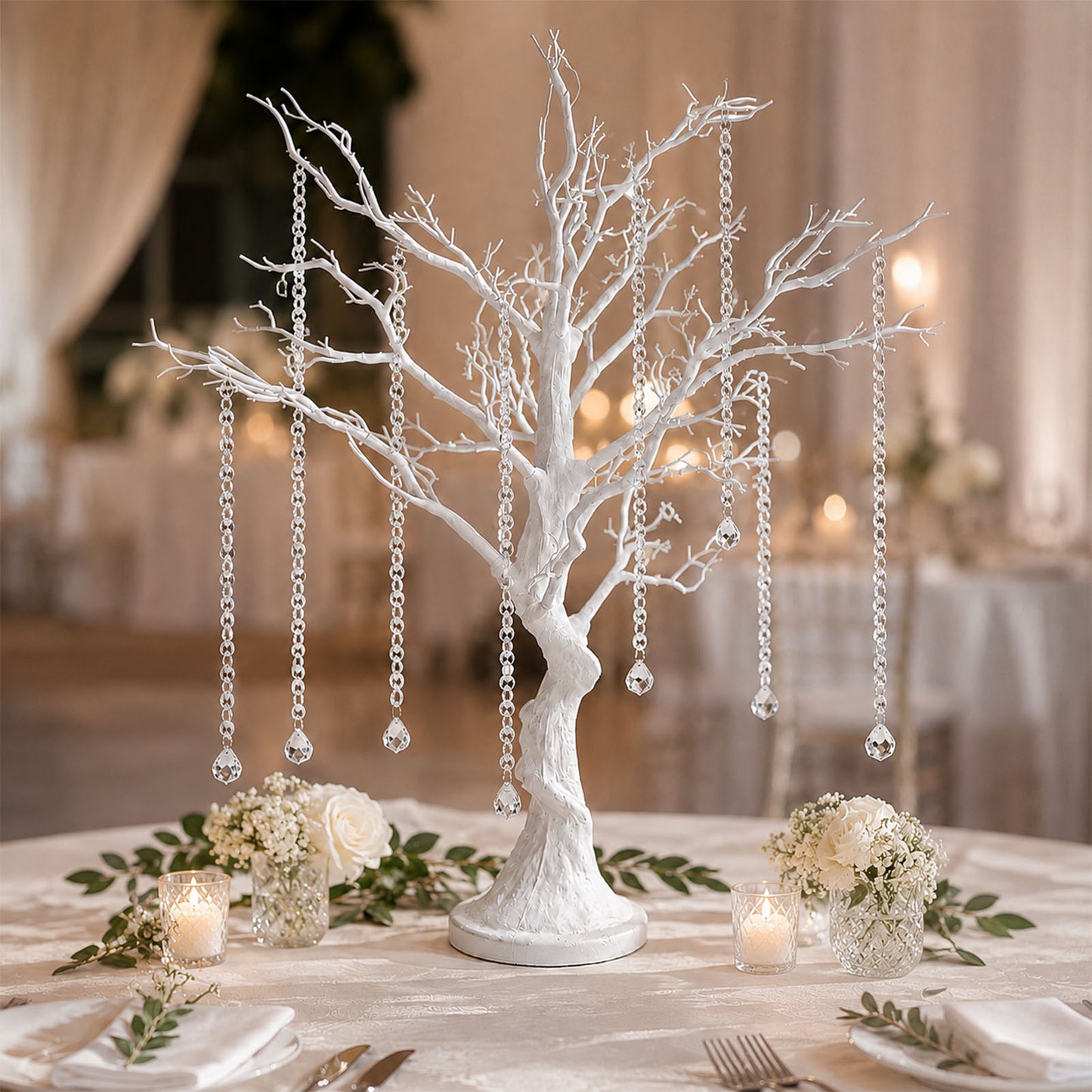 34" White Manzanita Centerpiece Tree + 8 Acrylic Bead Chains