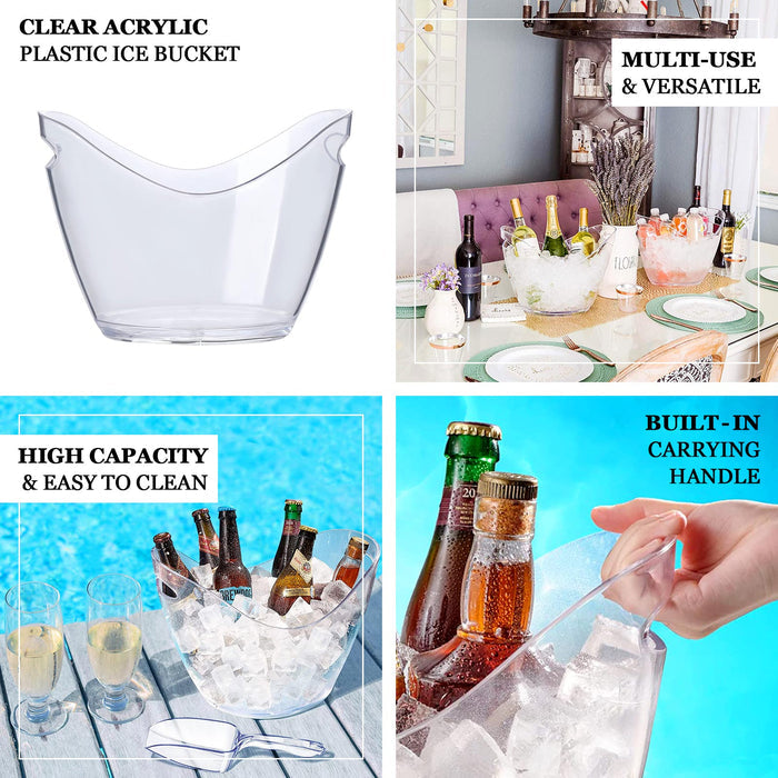 Clear plastic ice and drinks bucket with handles for parties and events.