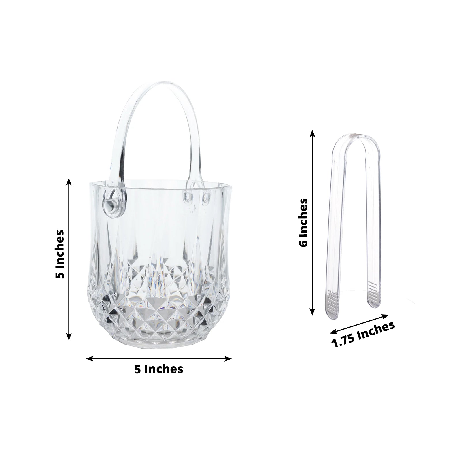 Clear plastic ice bucket with handle and tongs, crystal-cut design, 5"x5".