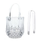 Clear plastic ice bucket with handle and tongs in crystal-cut design.