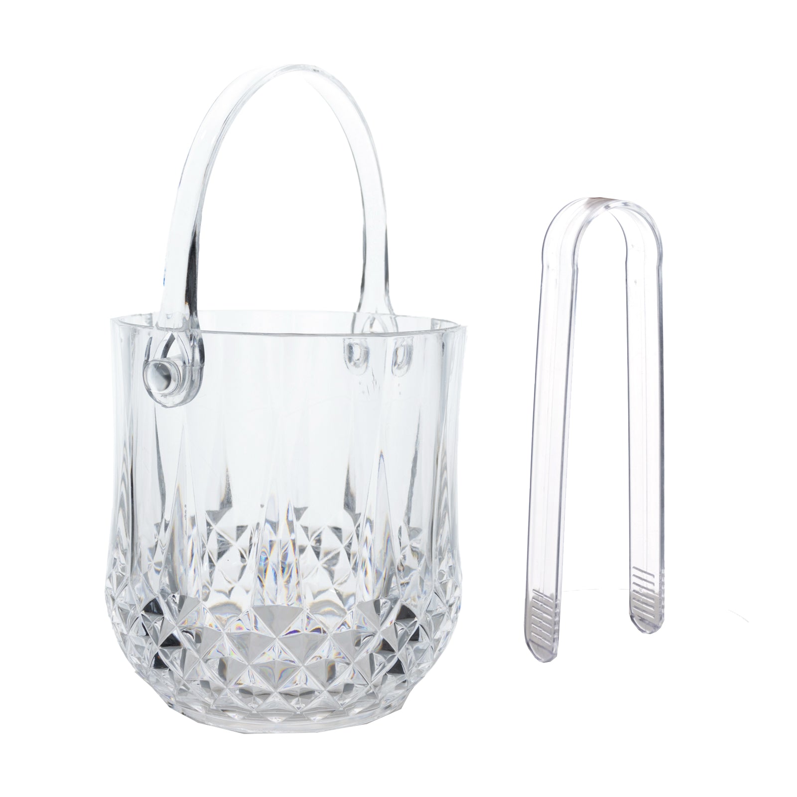 Clear plastic ice bucket with handle and tongs in crystal-cut design.