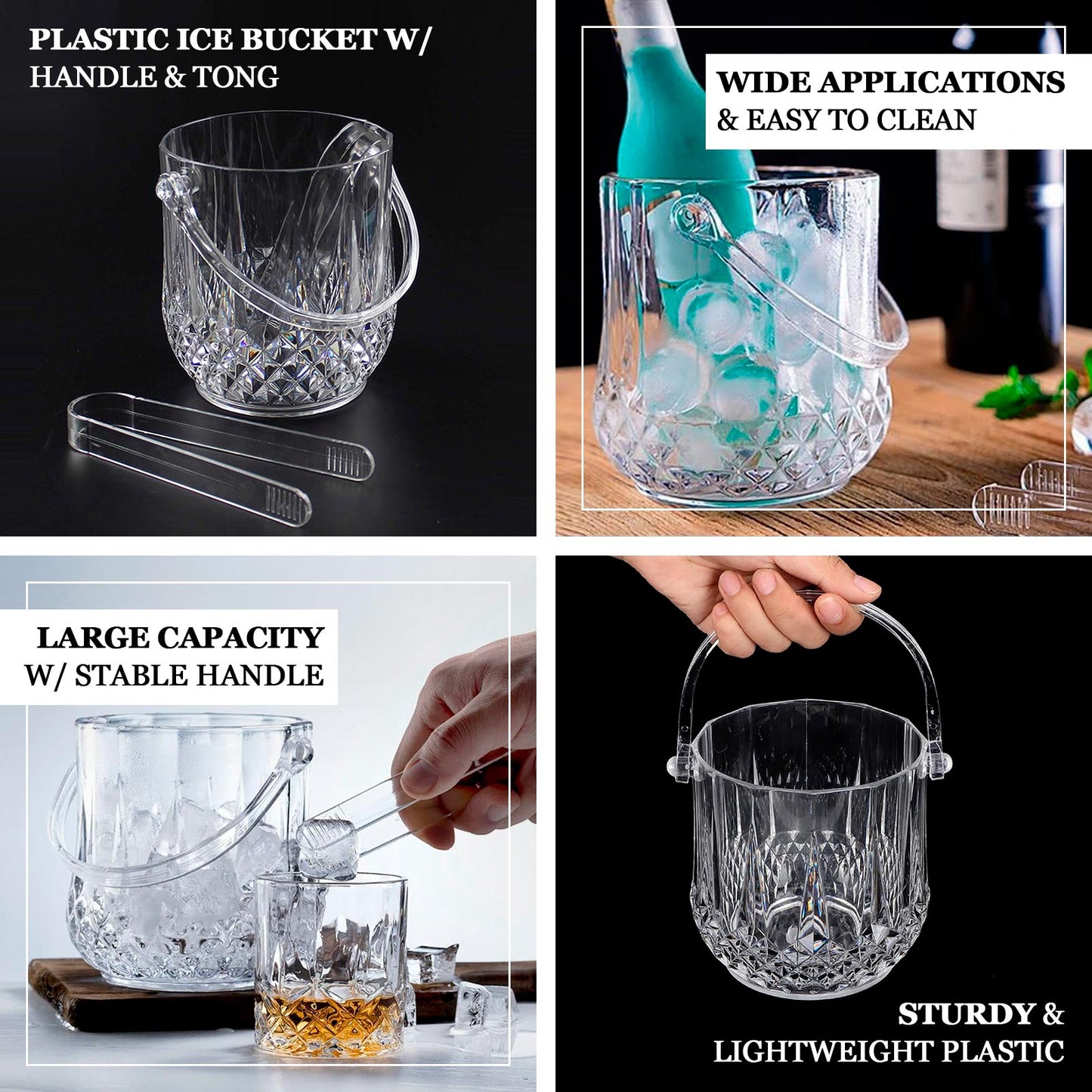 Clear plastic ice buckets with handle and tongs in crystal-cut design.