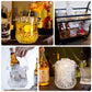 Clear plastic ice buckets with handle and tongs in crystal-cut design.