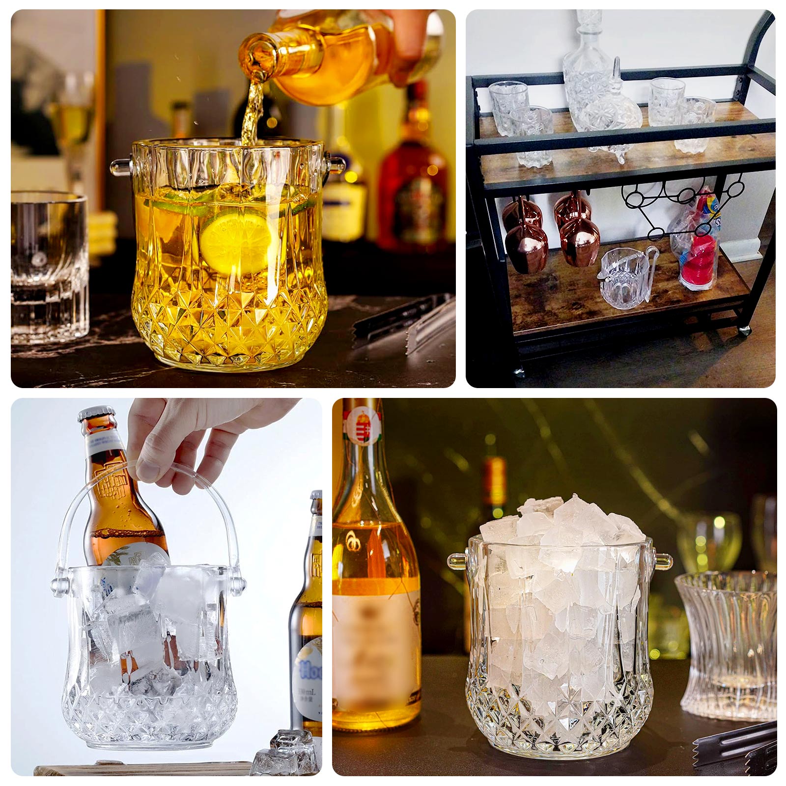Clear plastic ice buckets with handle and tongs in crystal-cut design.