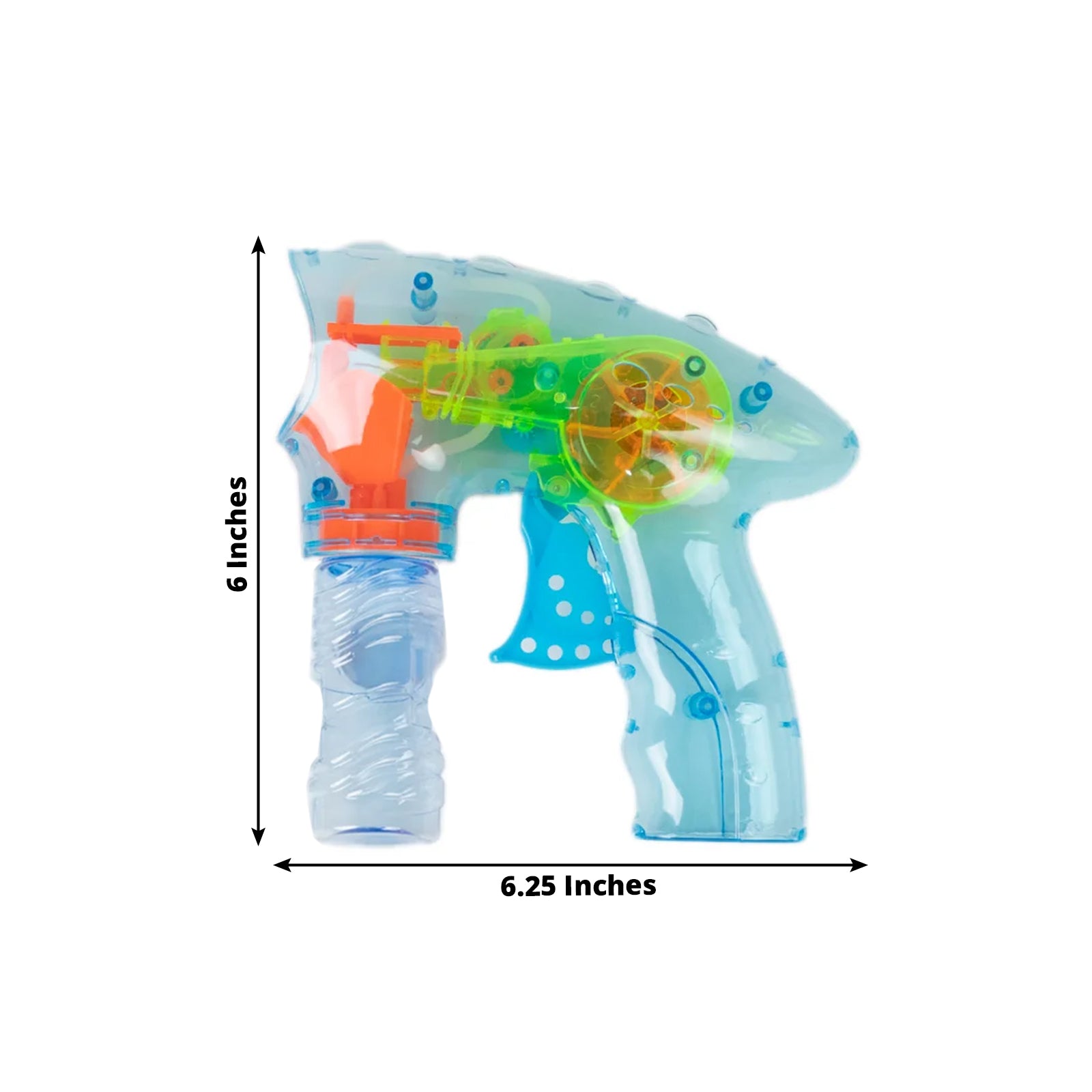 Blue LED bubble gun with refillable bottle for party favors.
