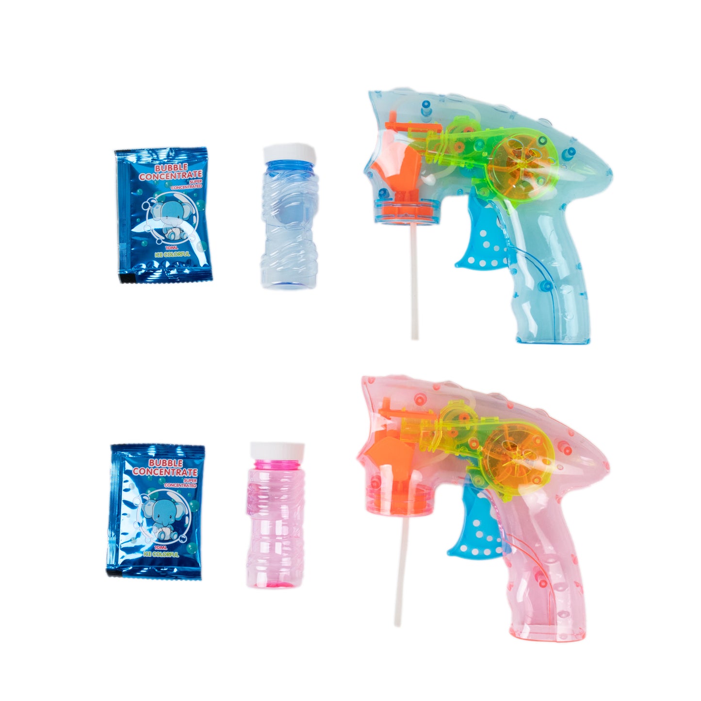 Colorful LED bubble guns with refillable bottles for kids' parties.