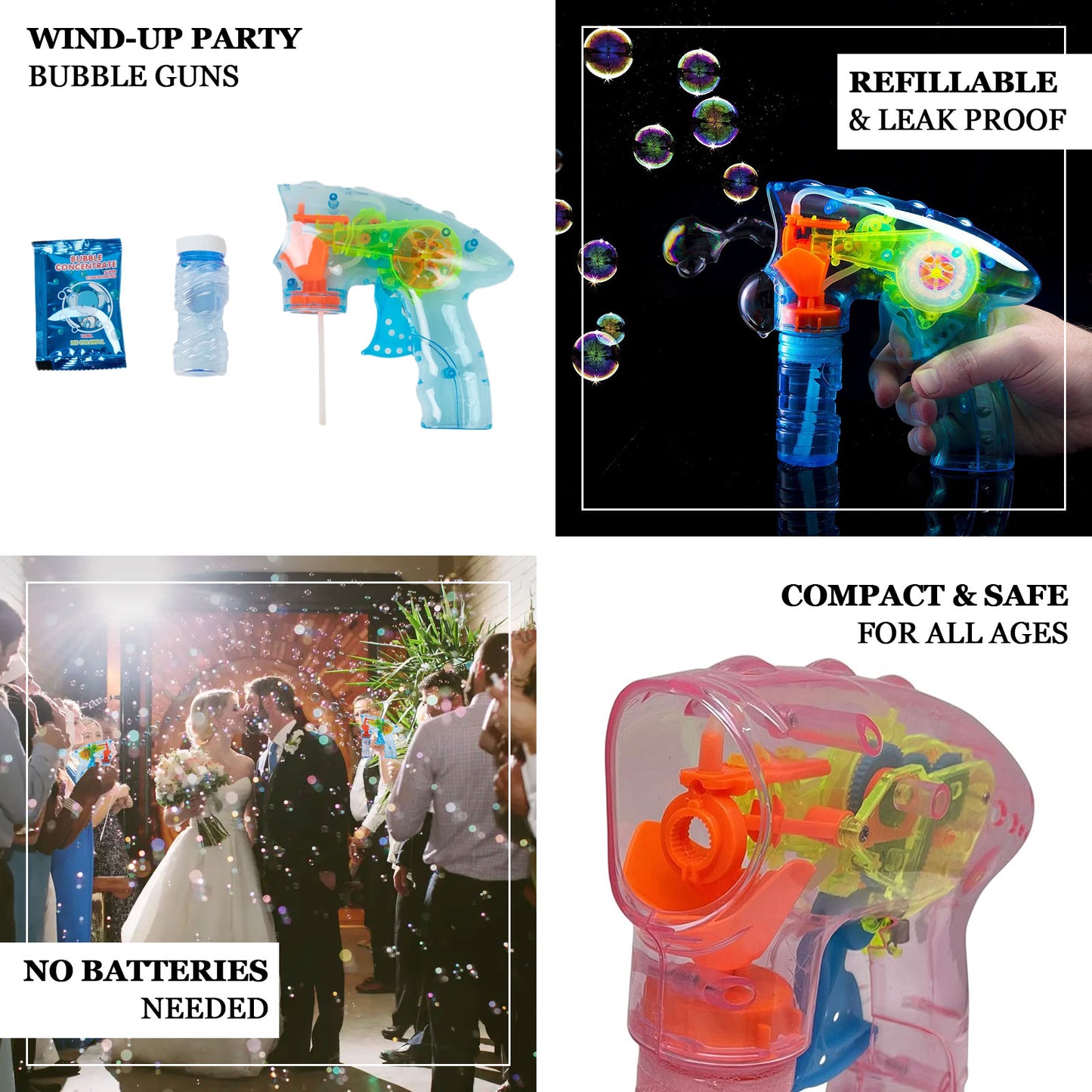 Colorful LED bubble guns with solution, perfect for parties and weddings.