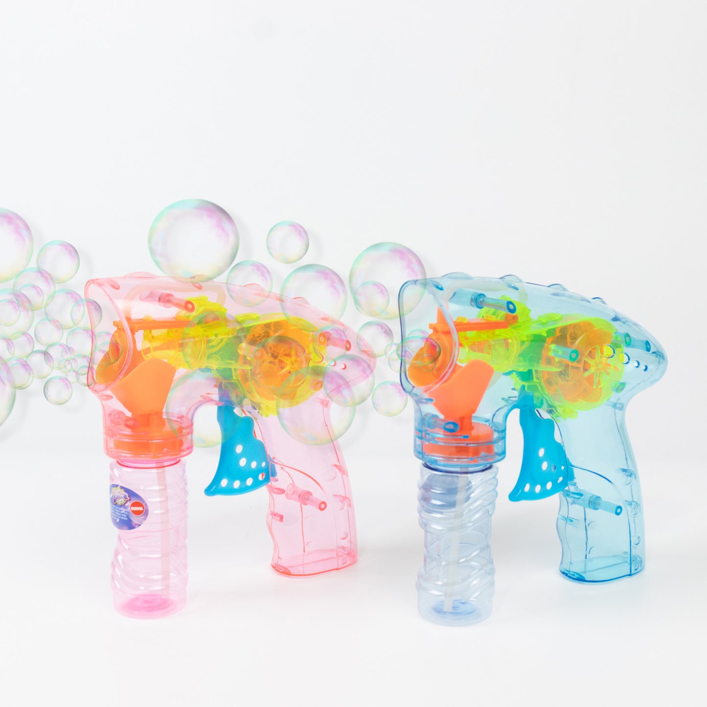 Pink and blue LED bubble guns with refillable bottles, no batteries required.