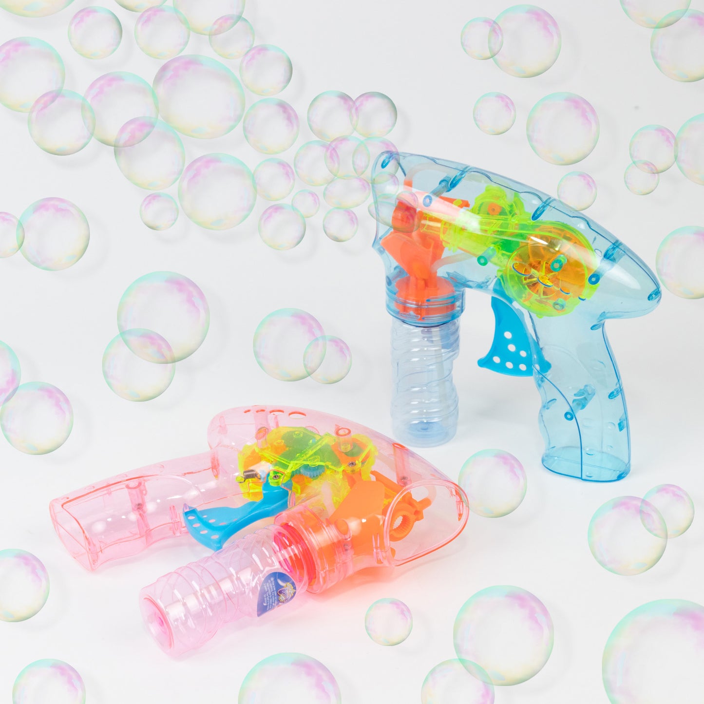Colorful LED bubble guns with refillable bottles and bubbles, perfect for parties.