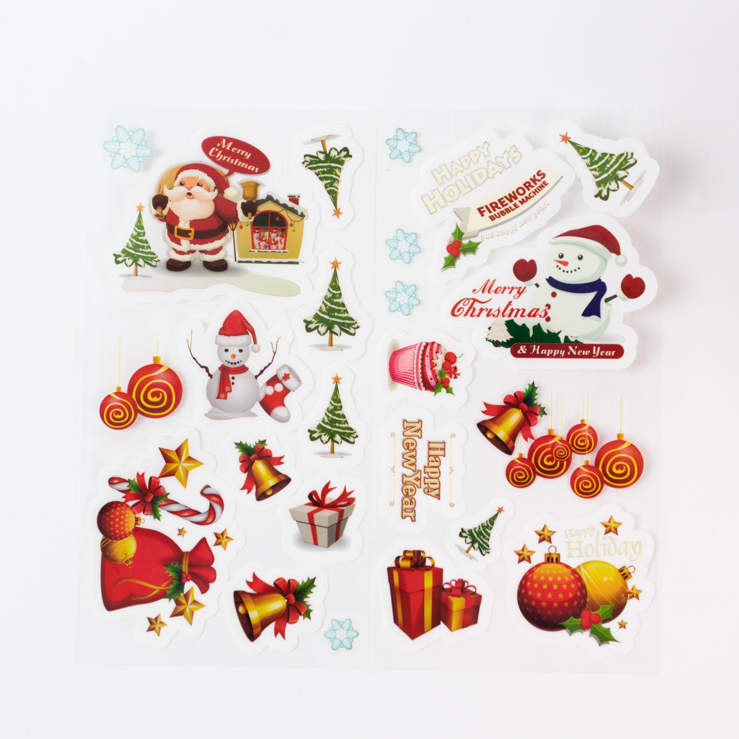 Colorful festive stickers featuring Santa, snowmen, and holiday decorations.