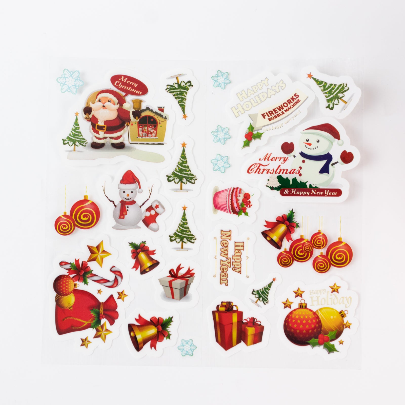 Colorful festive stickers featuring Santa, snowmen, and holiday decorations.