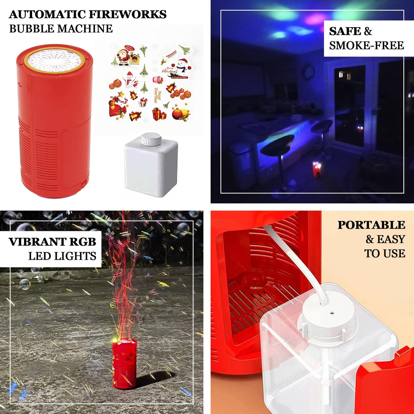 Red fireworks bubble machine with RGB lights and realistic sound.
