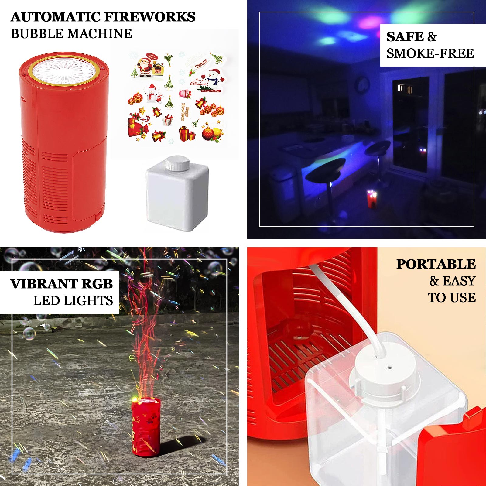 Red fireworks bubble machine with RGB lights and realistic sound.