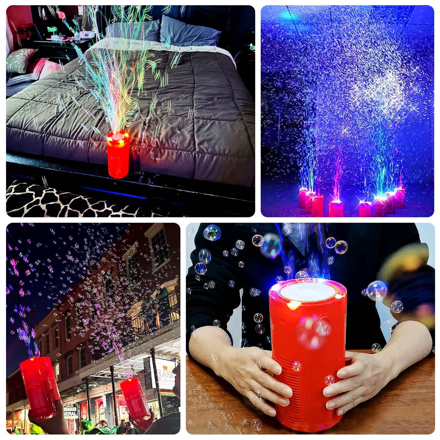 Red Fireworks Bubble Machine with RGB lights and bubbles for kids.
