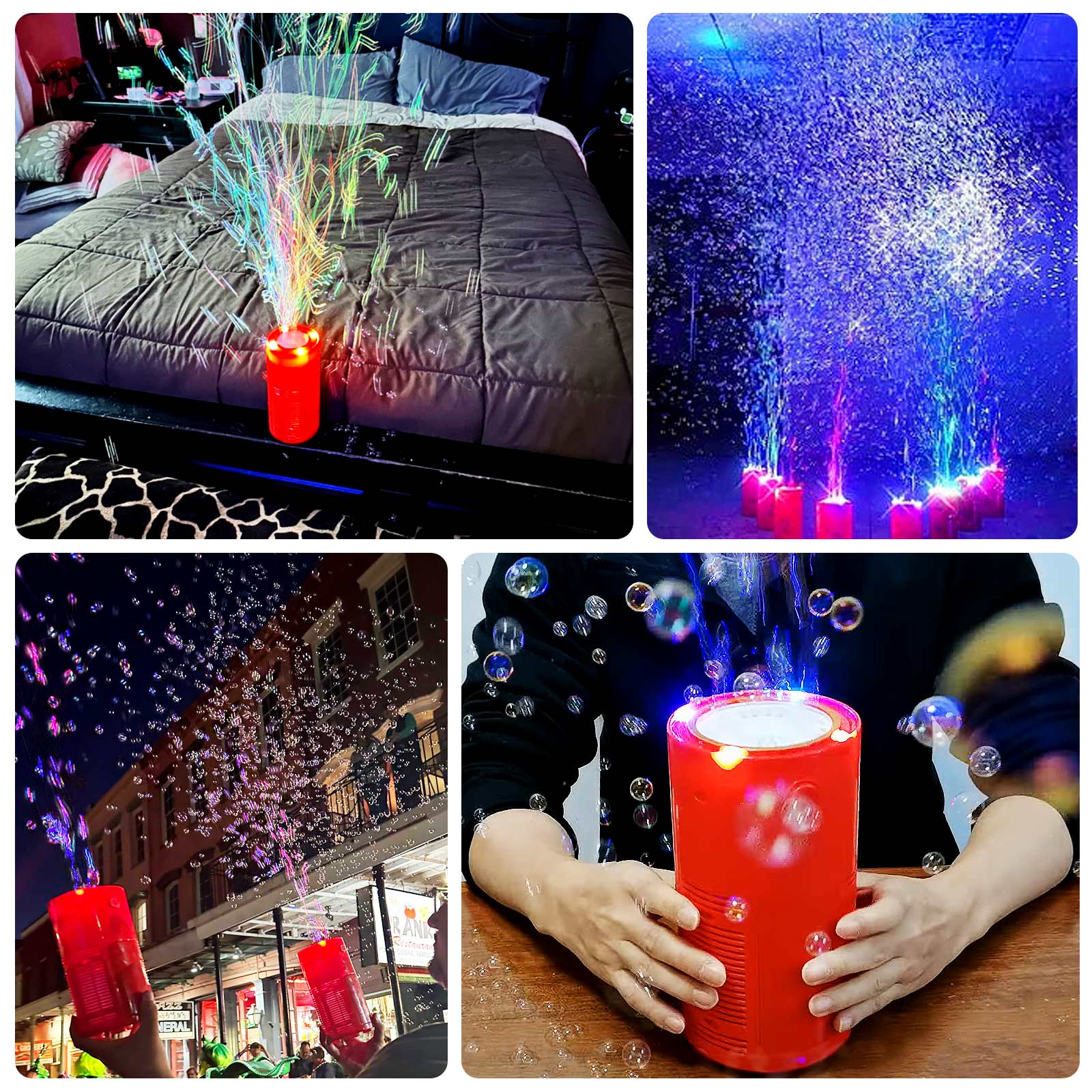 Red Fireworks Bubble Machine with RGB lights and bubbles for kids.
