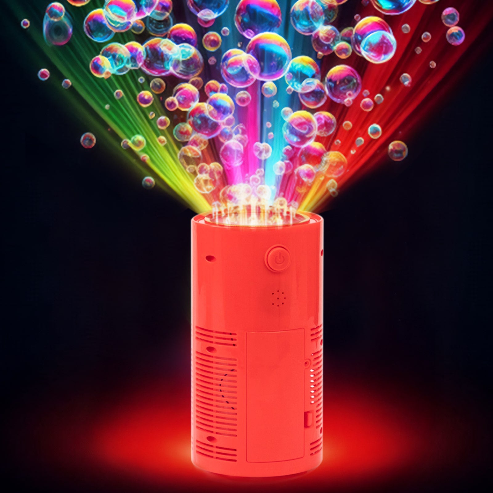 Red fireworks bubble machine with RGB lights and realistic sound, automatic blower for kids.
