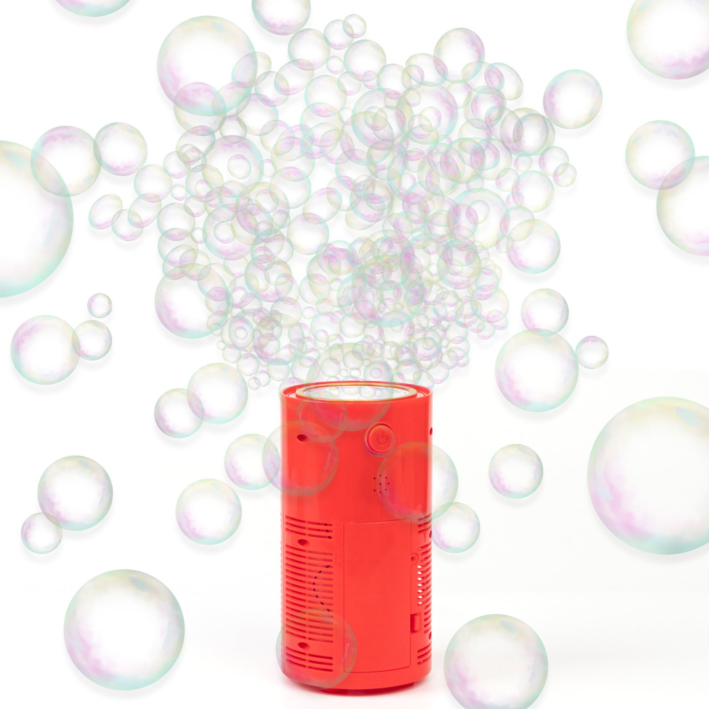 Red fireworks bubble machine with RGB lights, emitting colorful bubbles.
