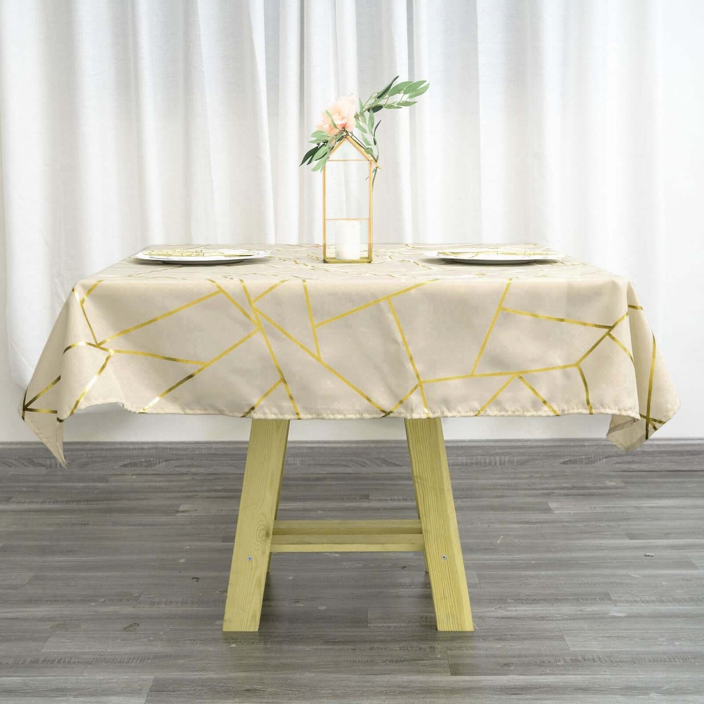 54"x54" Beige Polyester Square Tablecloth With Gold Foil Geometric Pattern