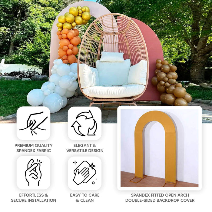 Beige spandex fitted open arch wedding backdrop cover.