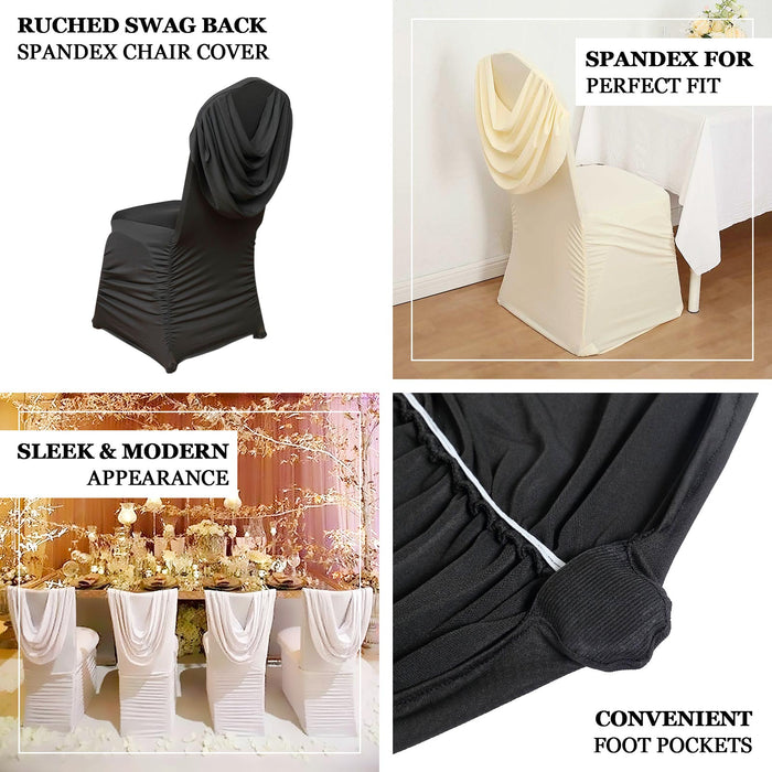 Black Ruched Swag Back Spandex Fitted Banquet Chair Cover With Foot Pockets