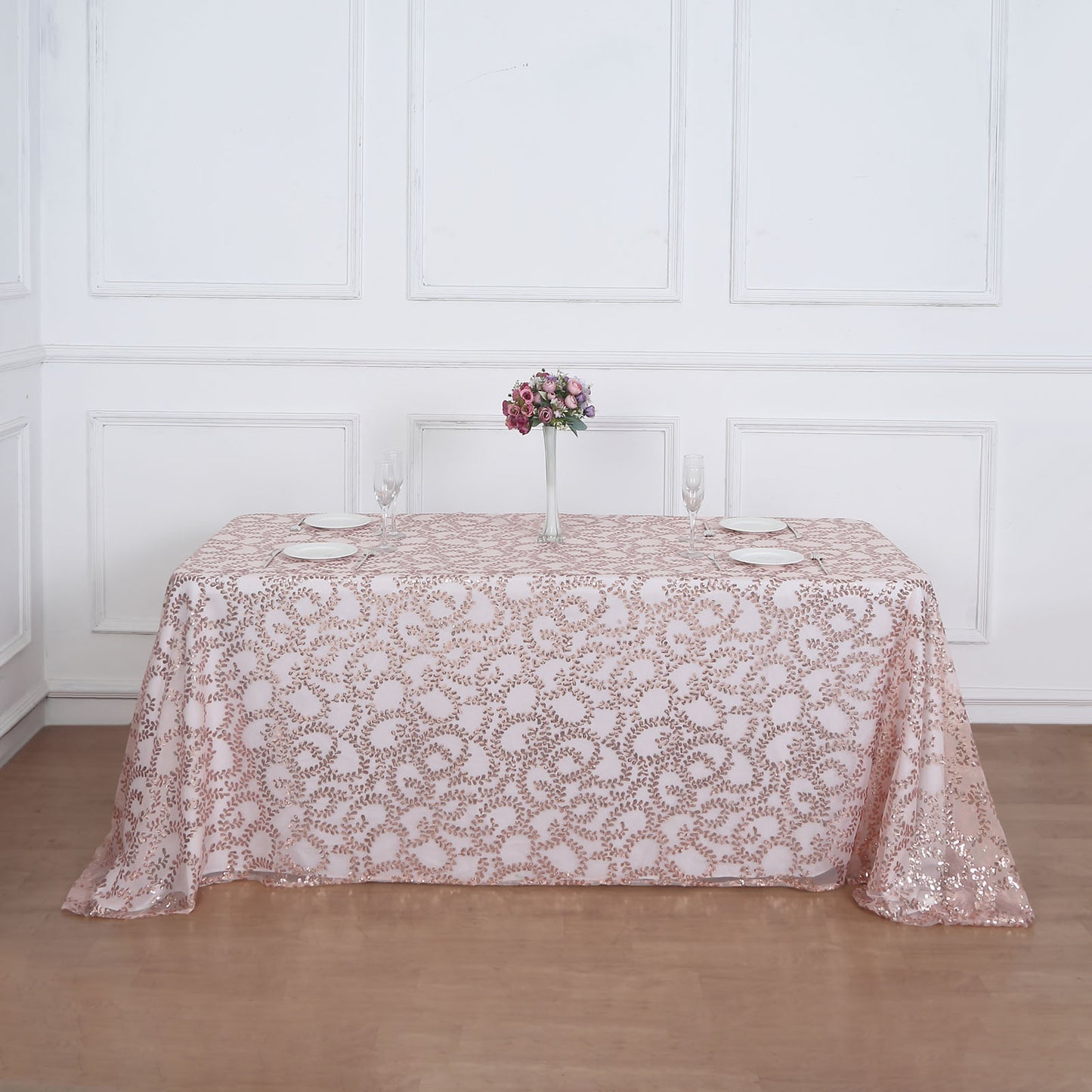 90"x156" Rose Gold Sequin Leaf Embroidered Tulle Rectangular Tablecloth