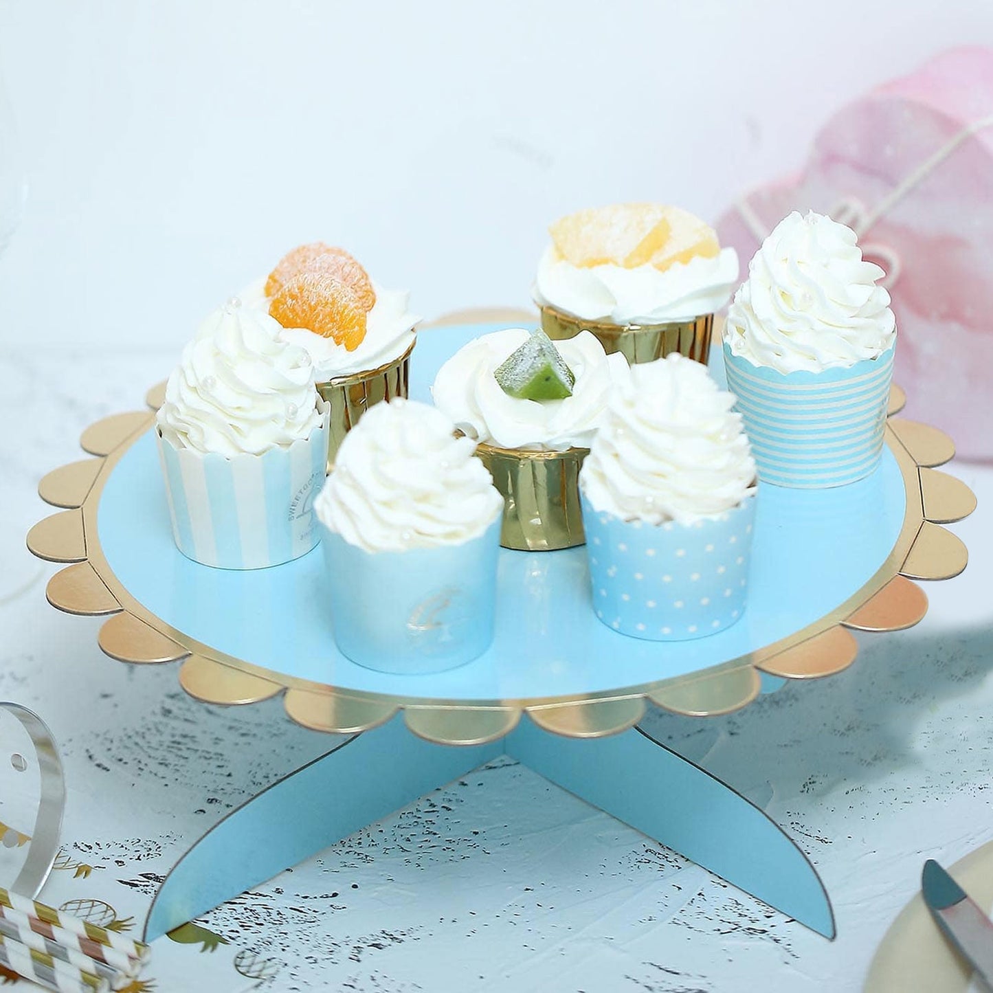 13" 1-Tier Light Blue Gold Cardboard Cupcake Dessert Cake Stand Holder