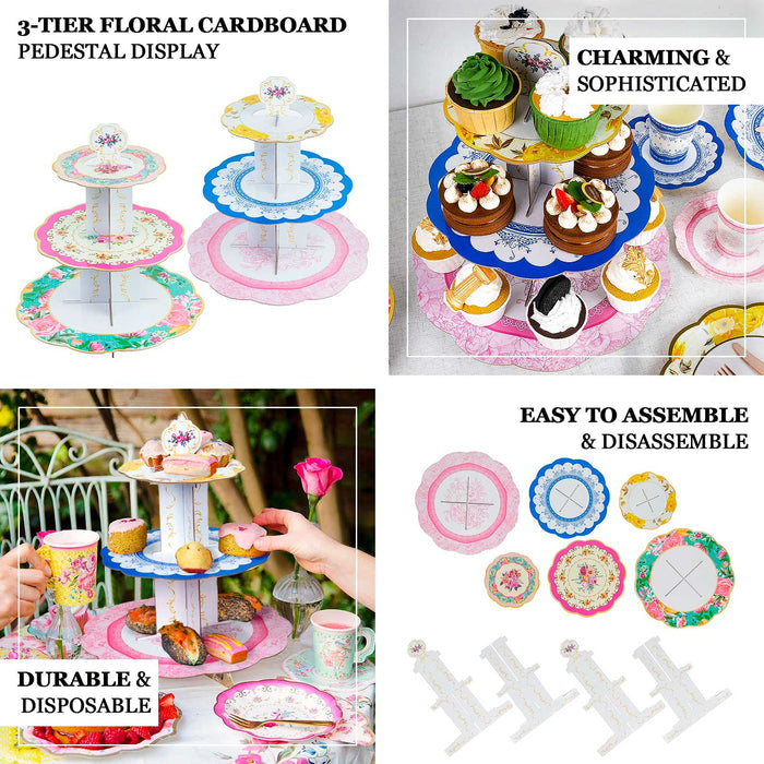 2 Pack | 14" 3-Tier Floral Cardboard Cupcake Stand With Scalloped Edges, Round Tea Party Dessert Decoration