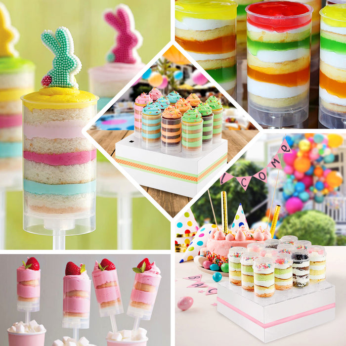 Clear plastic push-up cake pop set with colorful layers.