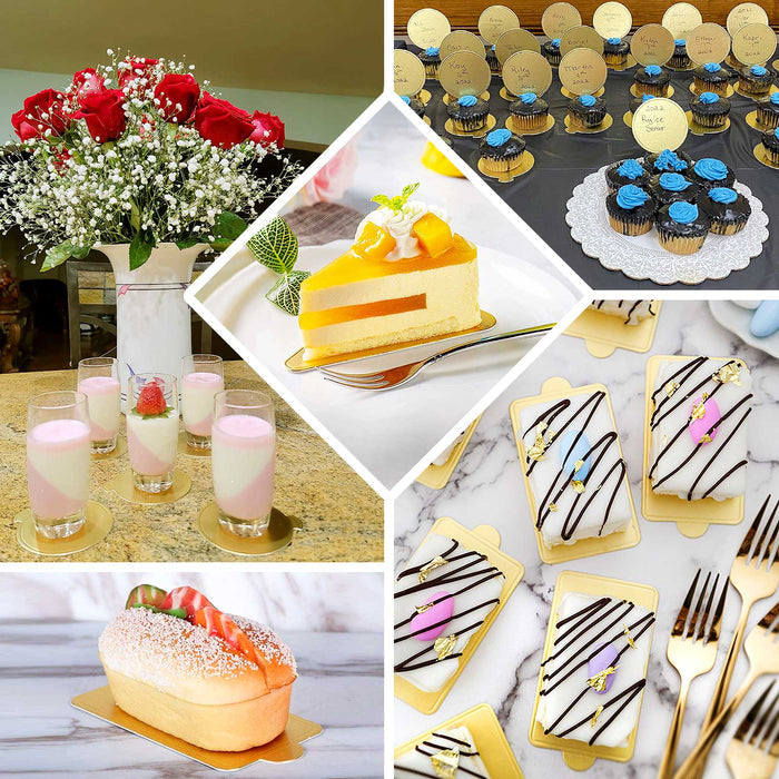 Mini gold dessert slice paper trays for cakes and treats.