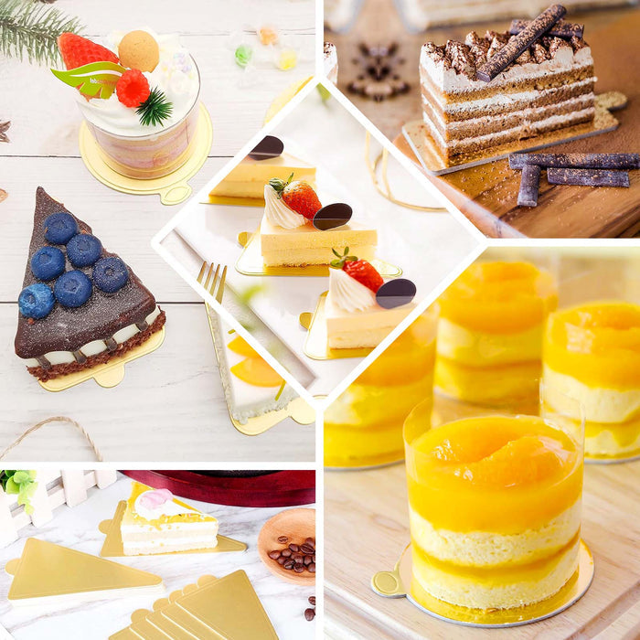 Mini gold triangle dessert slice paper trays with assorted cakes and desserts.
