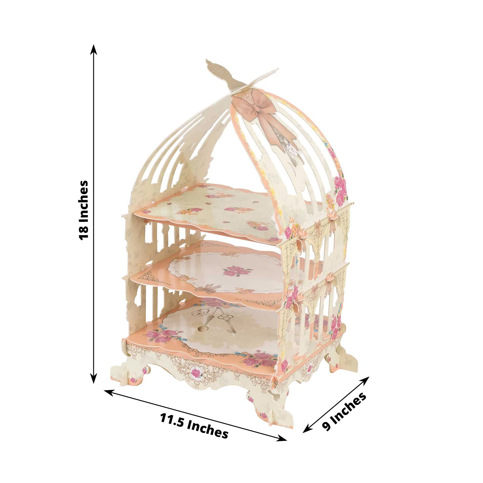 3 Tier white peach birdcage dessert display stand with floral print.