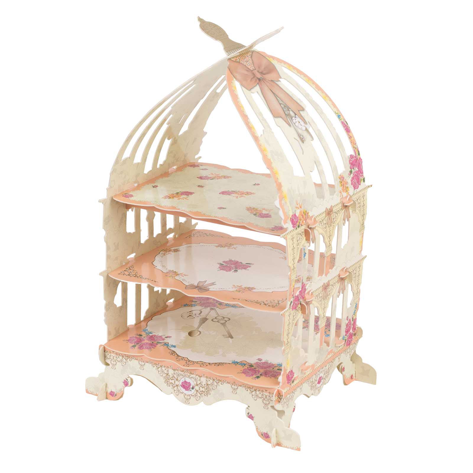 3 Tier White Peach Birdcage Cardboard Dessert Display Stand with Floral Print