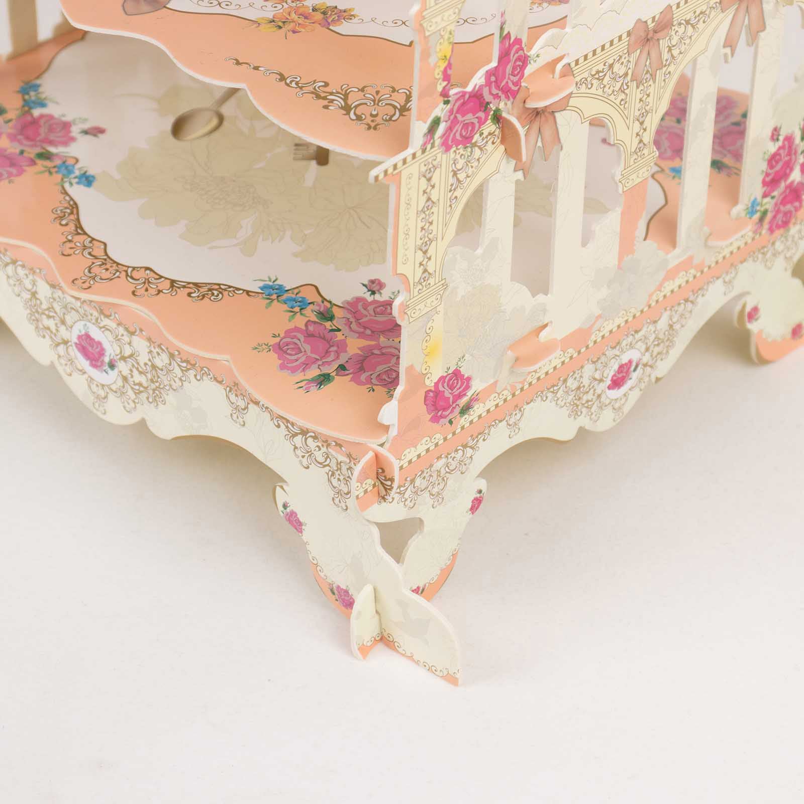 White peach floral print cardboard dessert display stand.