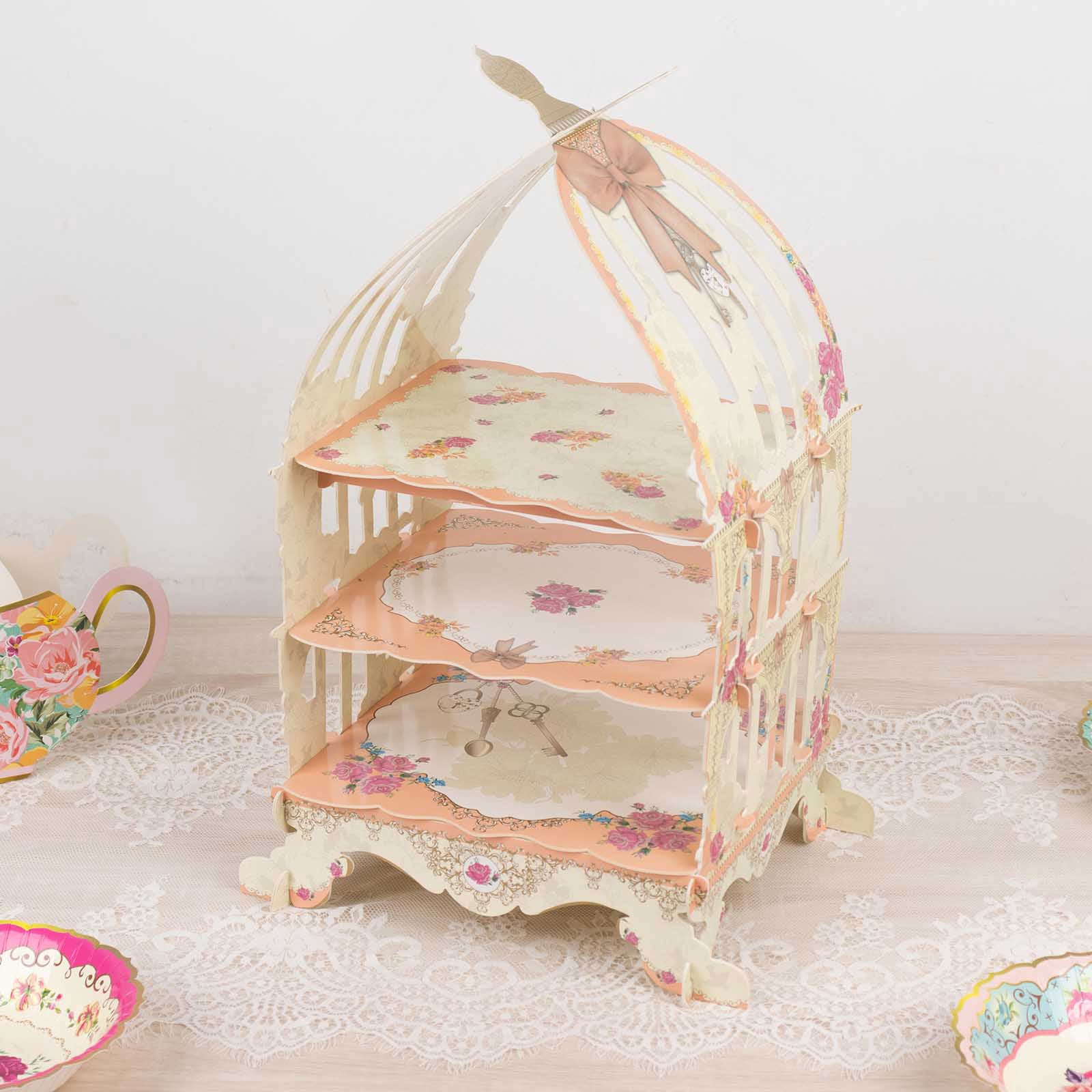 3 Tier Floral Print White Peach Cardboard Dessert Stand Display