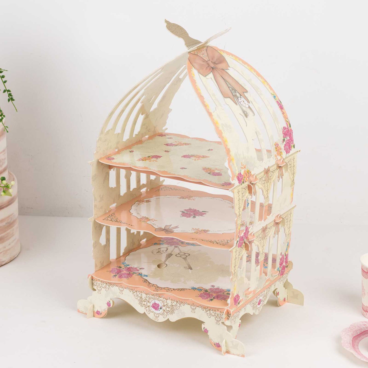 3 Tier Floral Print Peach Birdcage Dessert Stand for Cakes and Cupcakes