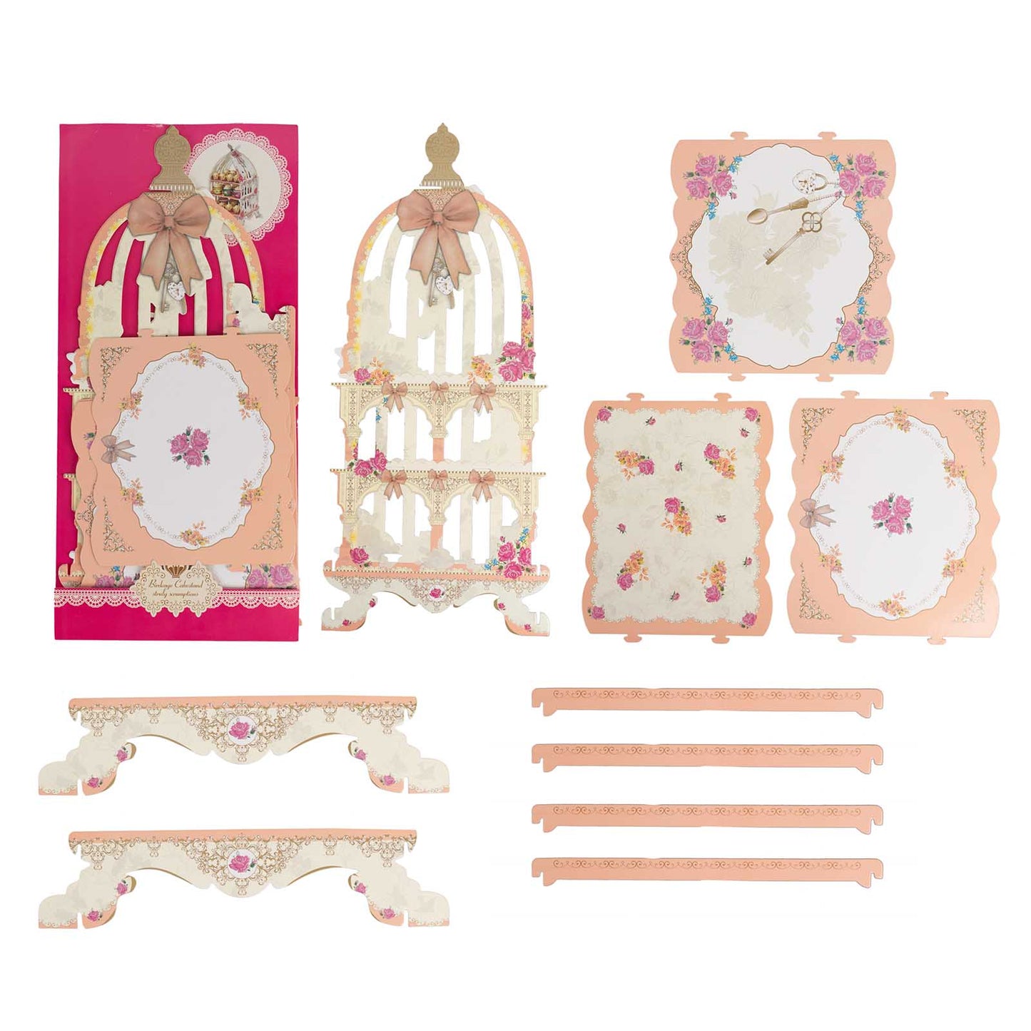 3 Tier White Peach Birdcage Dessert Stand with Floral Print