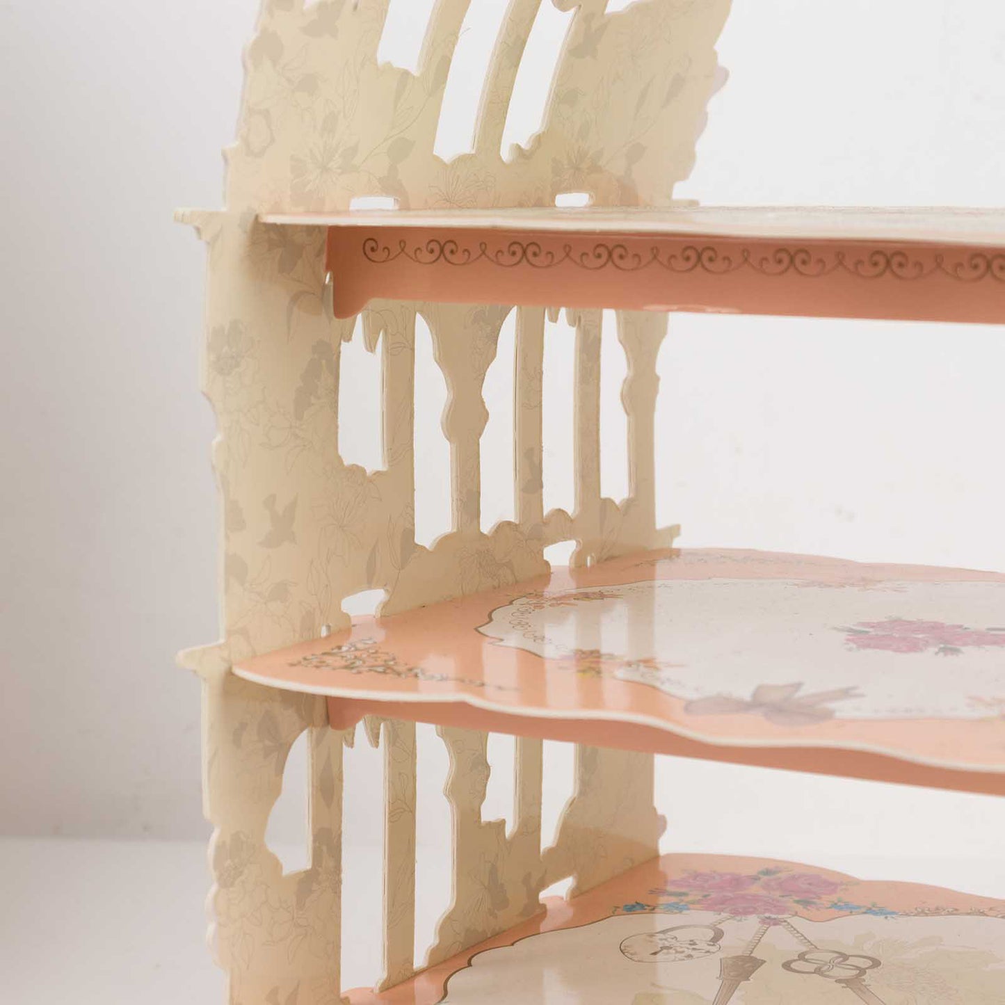 3 Tier white peach dessert display stand with floral print.
