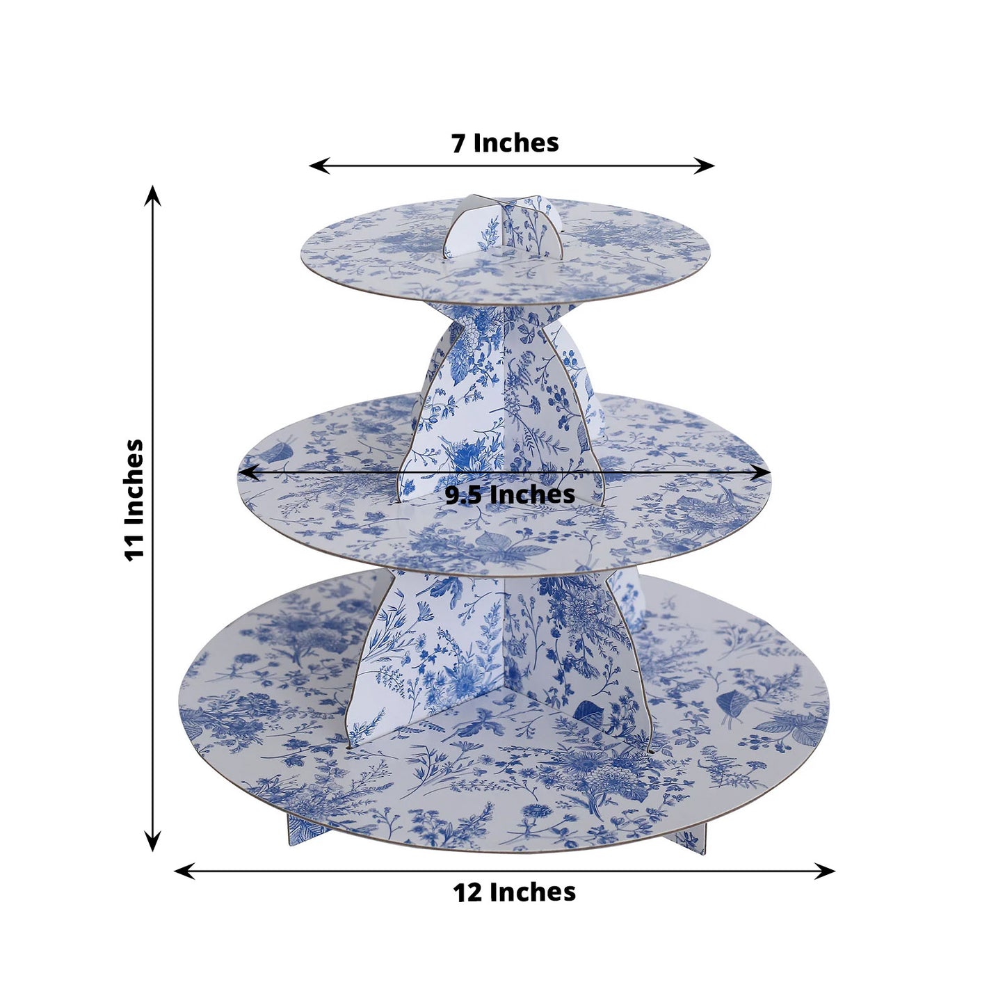 3-Tier White Blue Cardboard Dessert Display Stand with French Toile Floral Pattern, Tea Party Cupcake Stand Round Serving Platter - 11" Tall