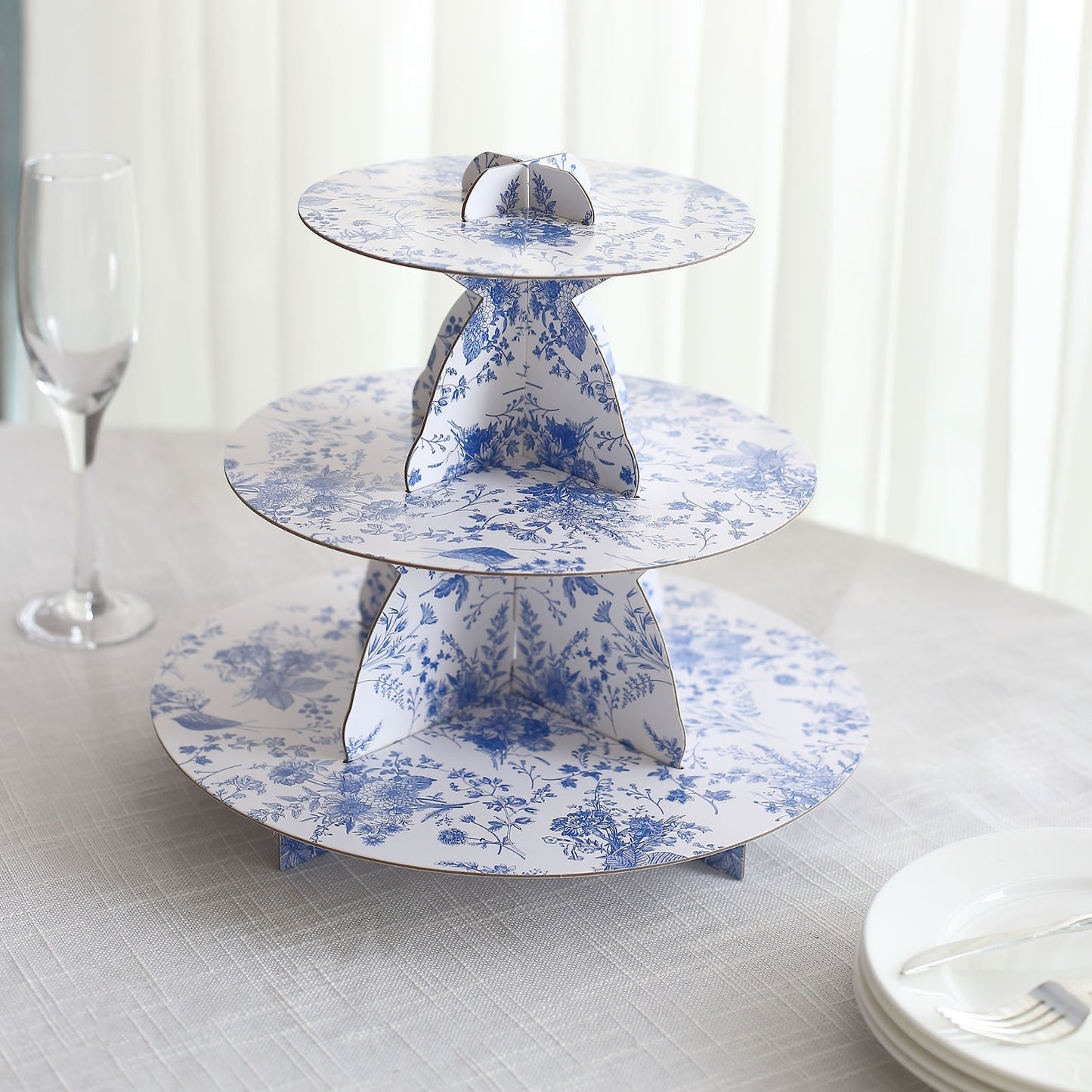 3-Tier White Blue Cardboard Dessert Display Stand with French Toile Floral Pattern, Tea Party Cupcake Stand Round Serving Platter - 11" Tall