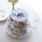 3-Tier White Blue Cardboard Dessert Display Stand with French Toile Floral Pattern, Tea Party Cupcake Stand Round Serving Platter - 11" Tall