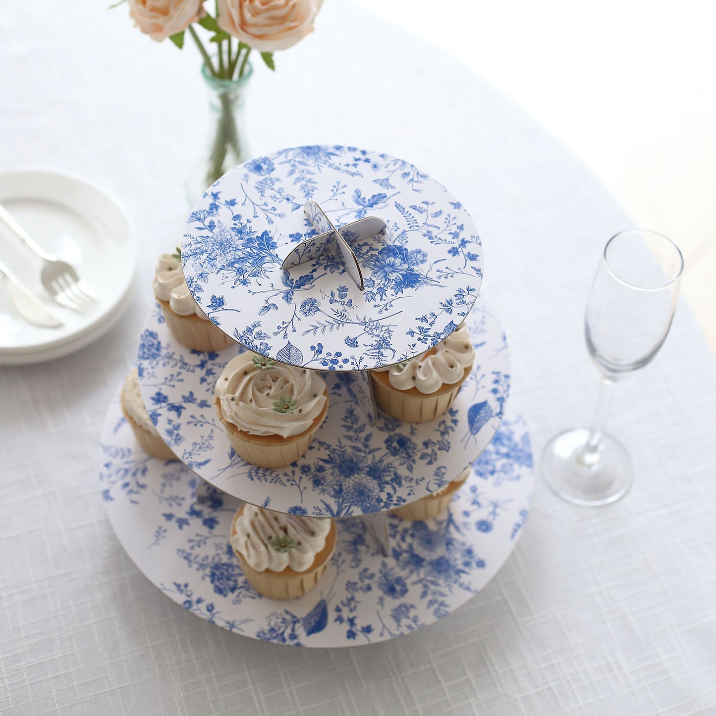 3-Tier White Blue Cardboard Dessert Display Stand with French Toile Floral Pattern, Tea Party Cupcake Stand Round Serving Platter - 11" Tall