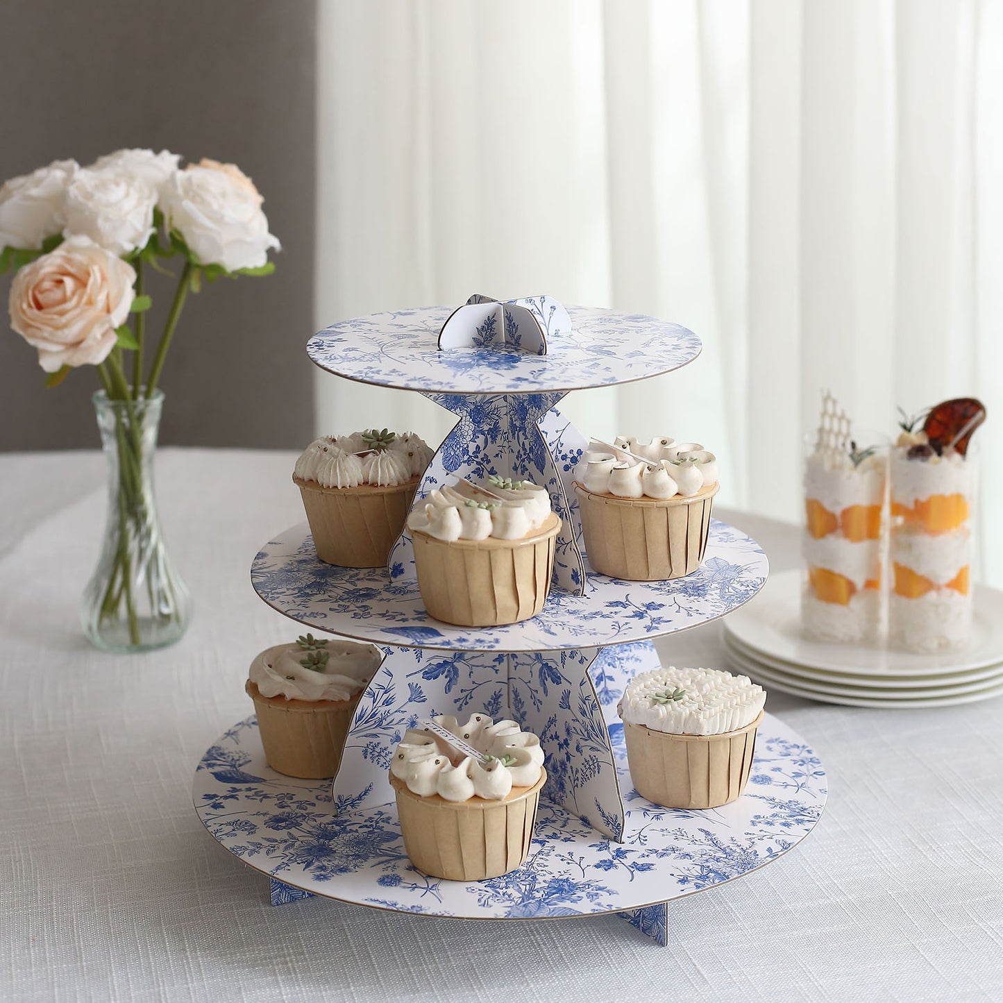 3-Tier White Blue Cardboard Dessert Display Stand with French Toile Floral Pattern, Tea Party Cupcake Stand Round Serving Platter - 11" Tall