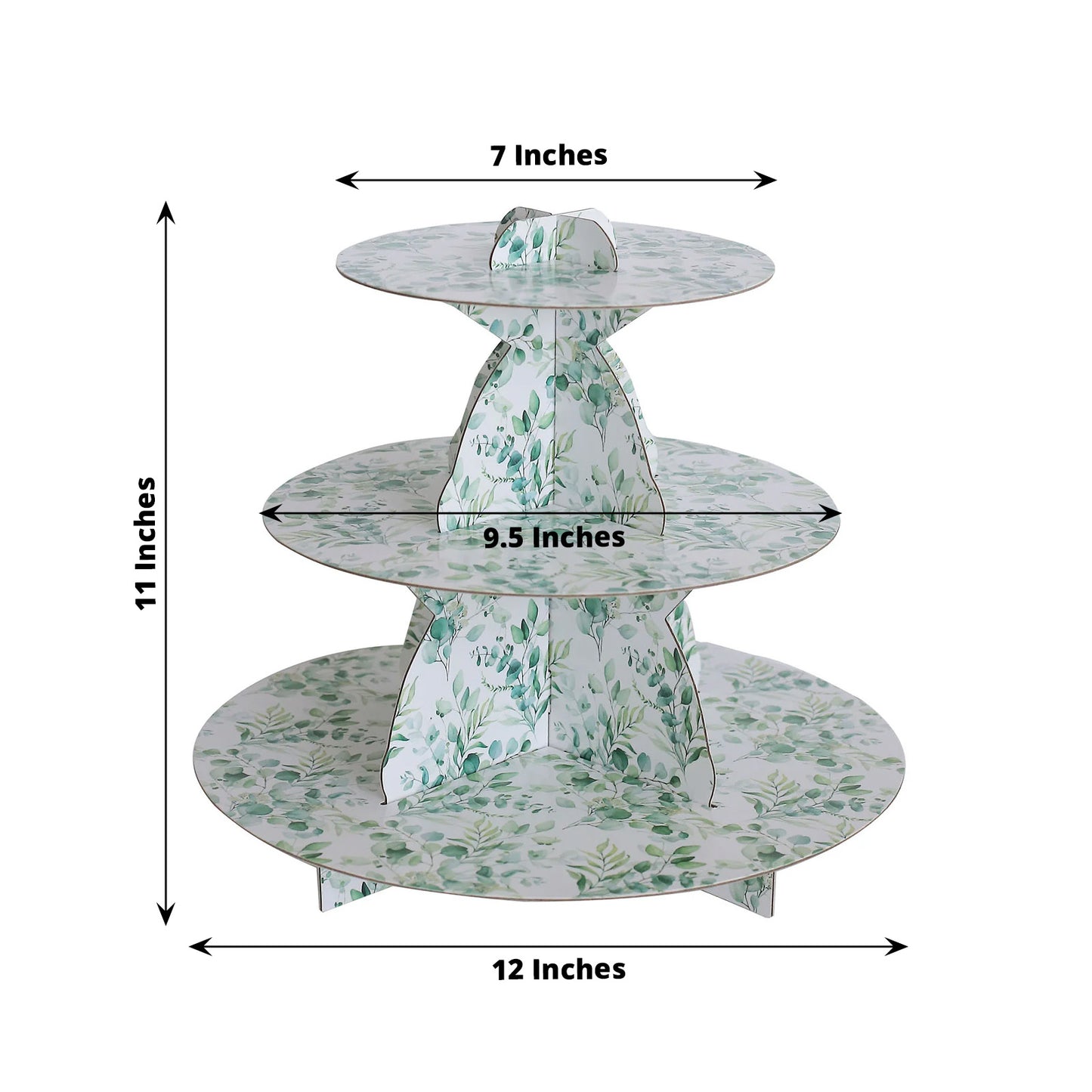 3-Tier White Green Cardboard Dessert Display Stand with Eucalyptus Leaves Print, Tea Party Cupcake Stand Round Serving Platter - 11" Tall