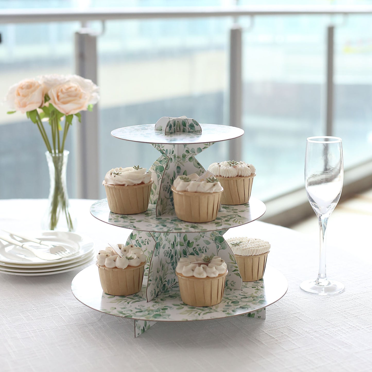 3-Tier White Green Cardboard Dessert Display Stand with Eucalyptus Leaves Print, Tea Party Cupcake Stand Round Serving Platter - 11" Tall