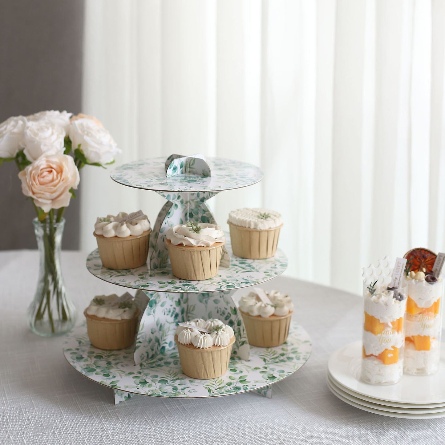 3-Tier White Green Cardboard Dessert Display Stand with Eucalyptus Leaves Print, Tea Party Cupcake Stand Round Serving Platter - 11" Tall