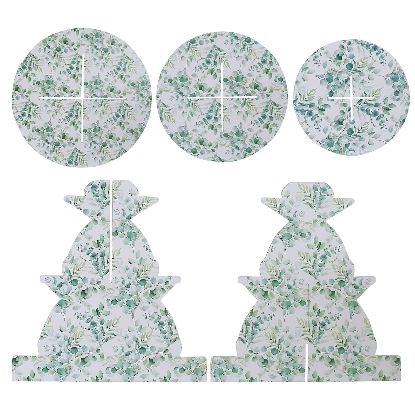 3-Tier White Green Cardboard Dessert Display Stand with Eucalyptus Leaves Print, Tea Party Cupcake Stand Round Serving Platter - 11" Tall
