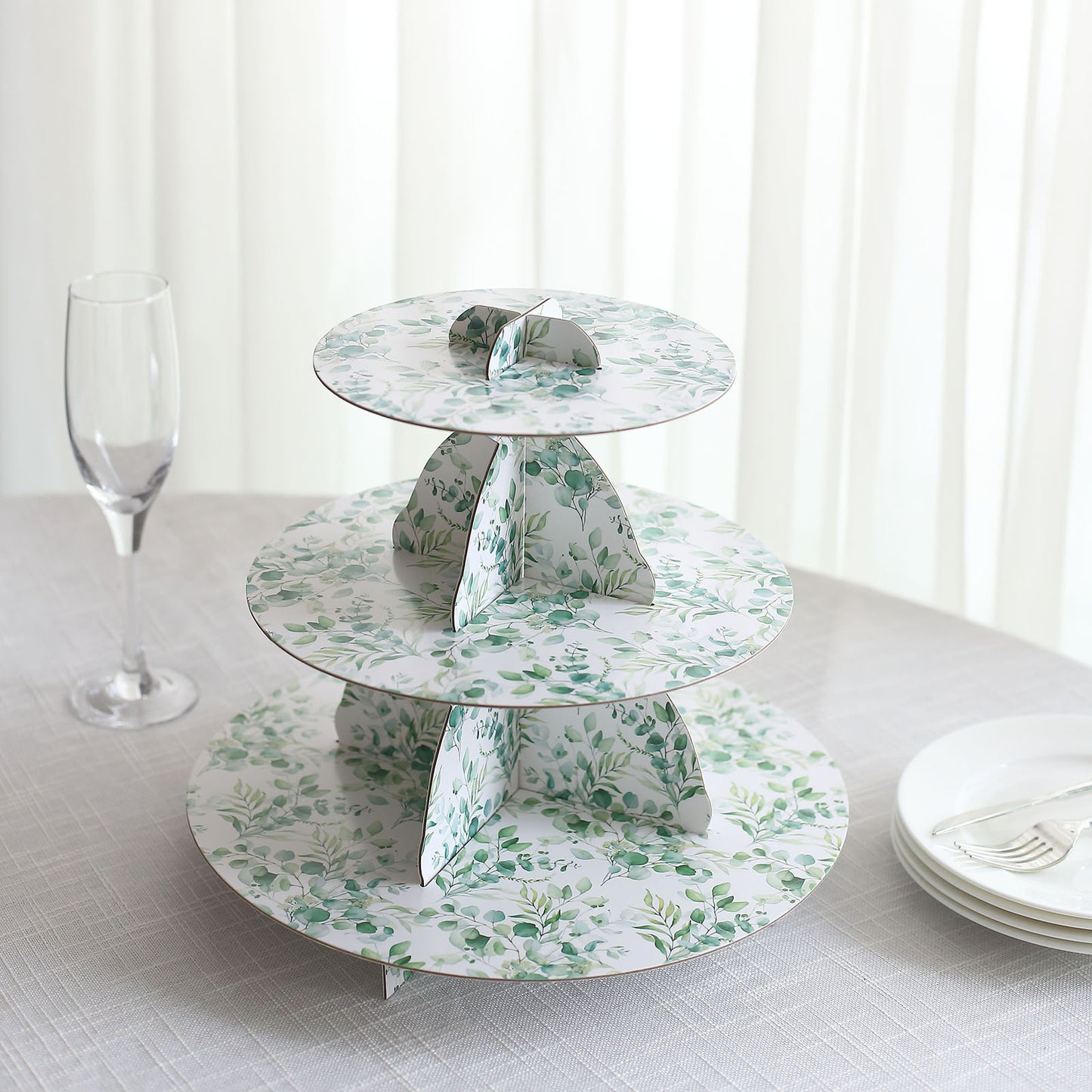 3-Tier White Green Cardboard Dessert Display Stand with Eucalyptus Leaves Print, Tea Party Cupcake Stand Round Serving Platter - 11" Tall
